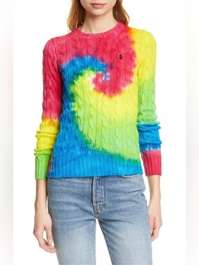 Polo Ralph Lauren Sold Out Rainbow Tie-Dye Cable-Knit Sweater Medium